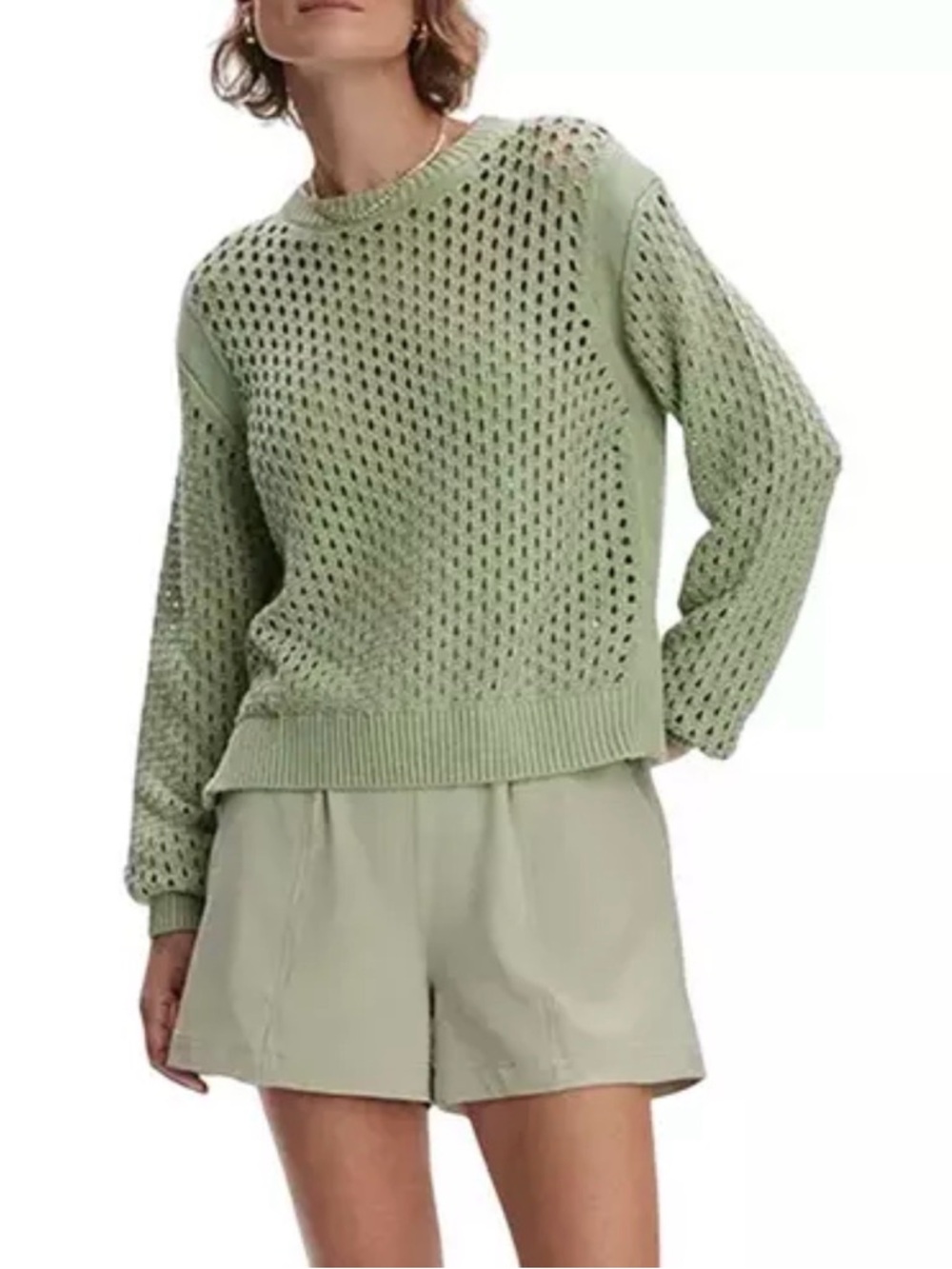 Varley Hains Mesh Knit Crew Cotton Pullover Sweater Snow Sage Green Size Small